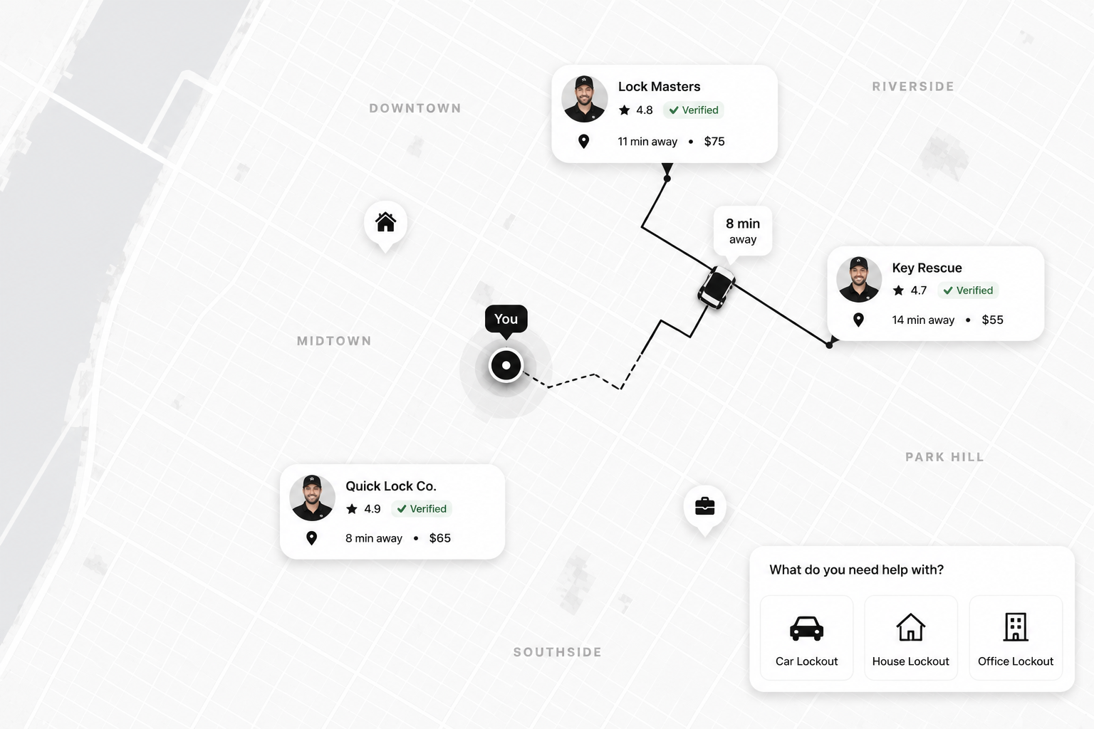 Map showing your location and nearby locksmiths with ETAs and flat-rate pricing